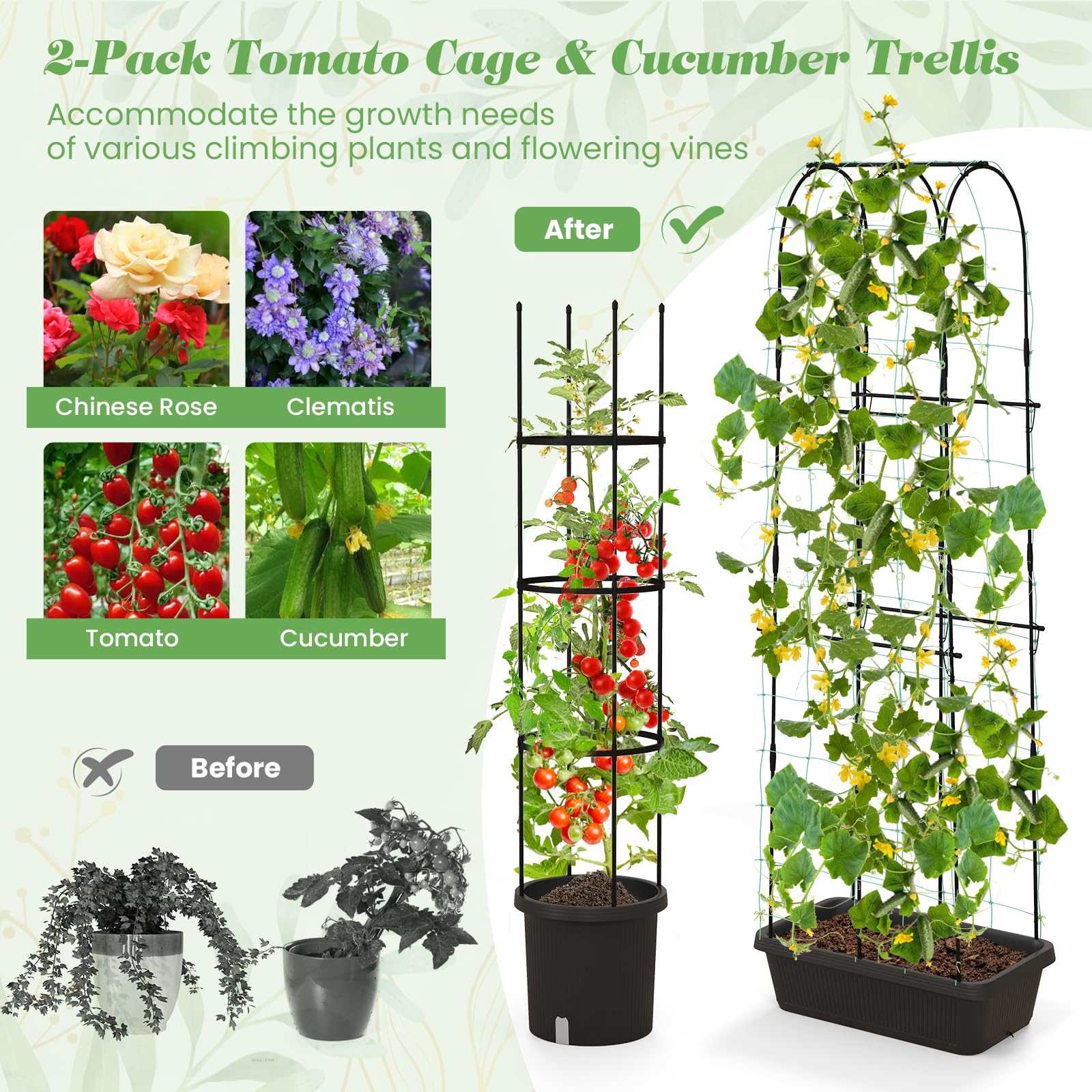 Giantex Set of 2 Raised Garden Bed w/Trellis & Plant Cage, Planter Box w/ 71” Cucumber Trellis