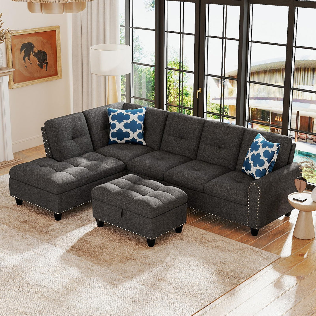 Giantex 98 Inches Sectional Sofa Couch with Movable Storage Ottoman and Linen Fabric Backs