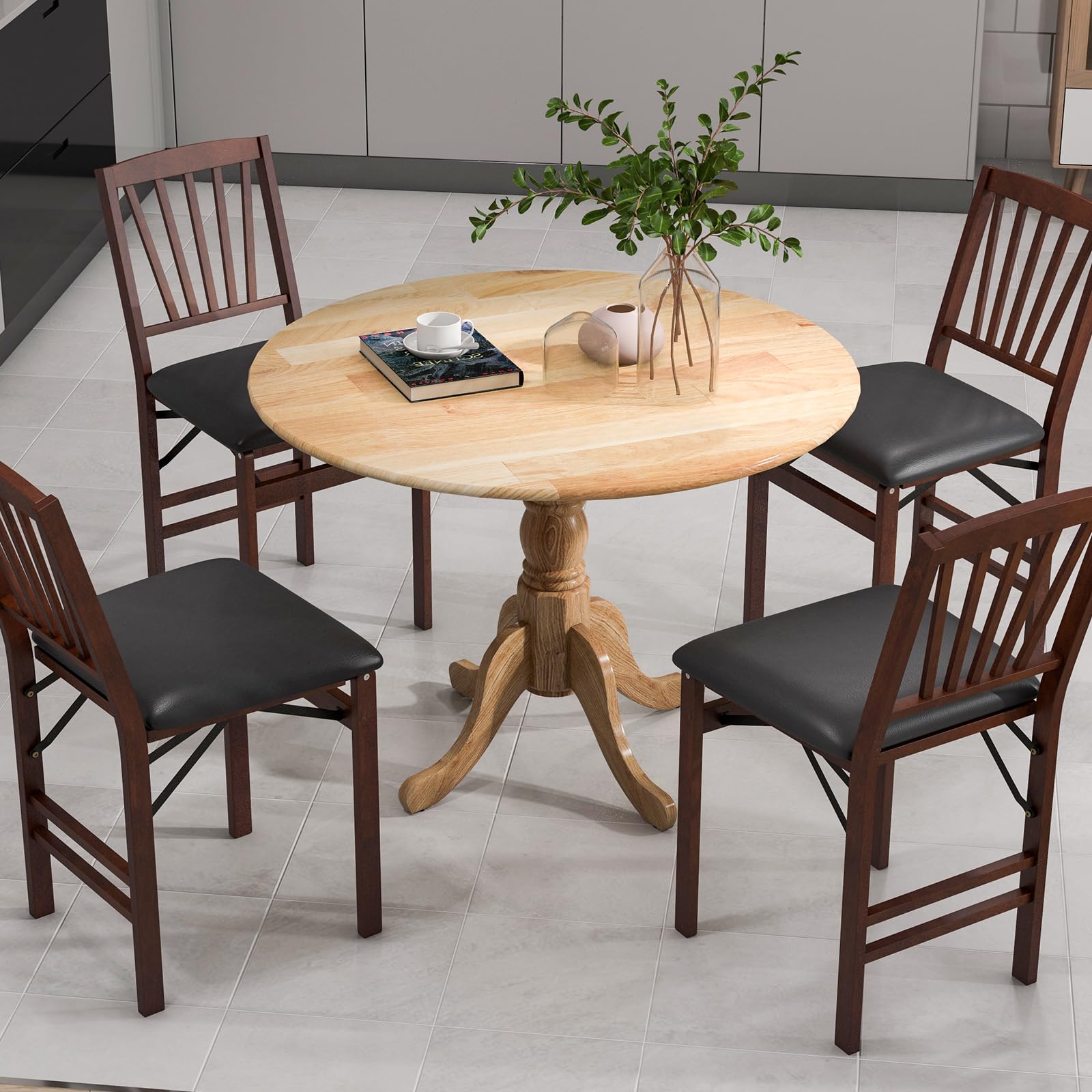 Giantex Wooden Dining Table, Dining Table with 40" D Round Tabletop & Curved Trestle Legs