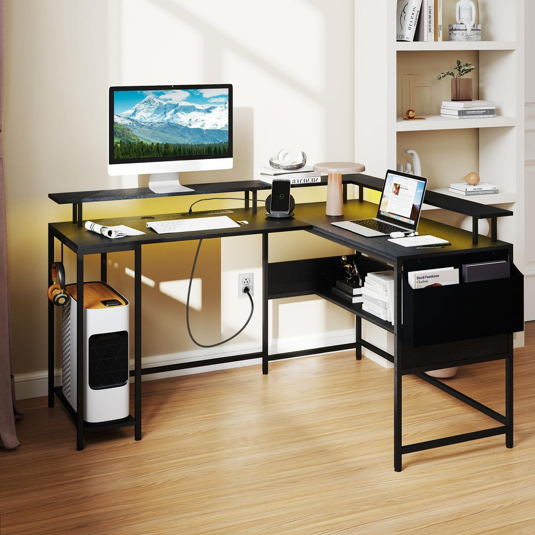 Giantex L Shaped Desk with LED Light & Power Outlets Ergonomic Home Office Desk