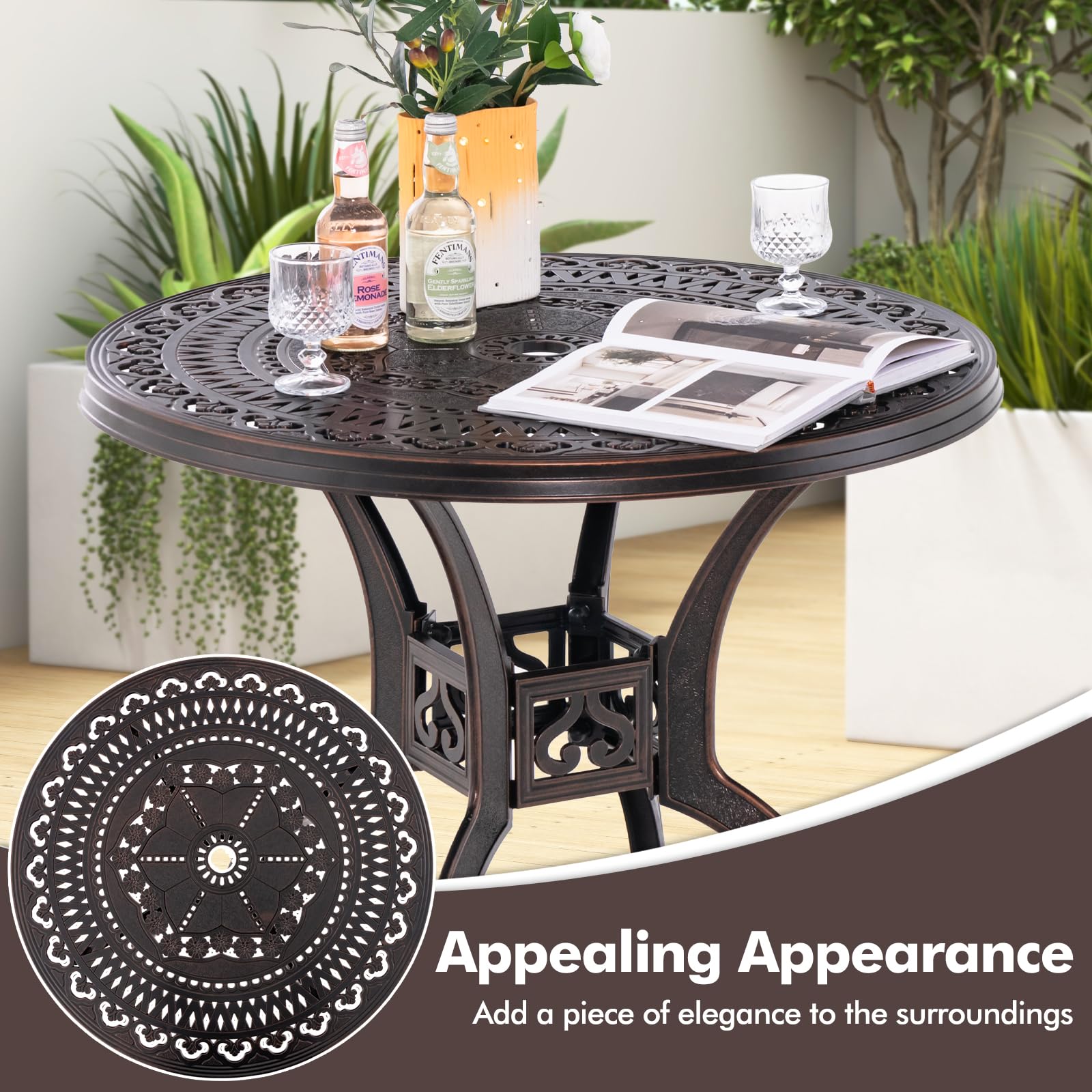 Giantex 31.5" Patio Bistro Table, Cast Aluminum Table Side Table with 2" Umbrella Hole & Adjustable Footpads