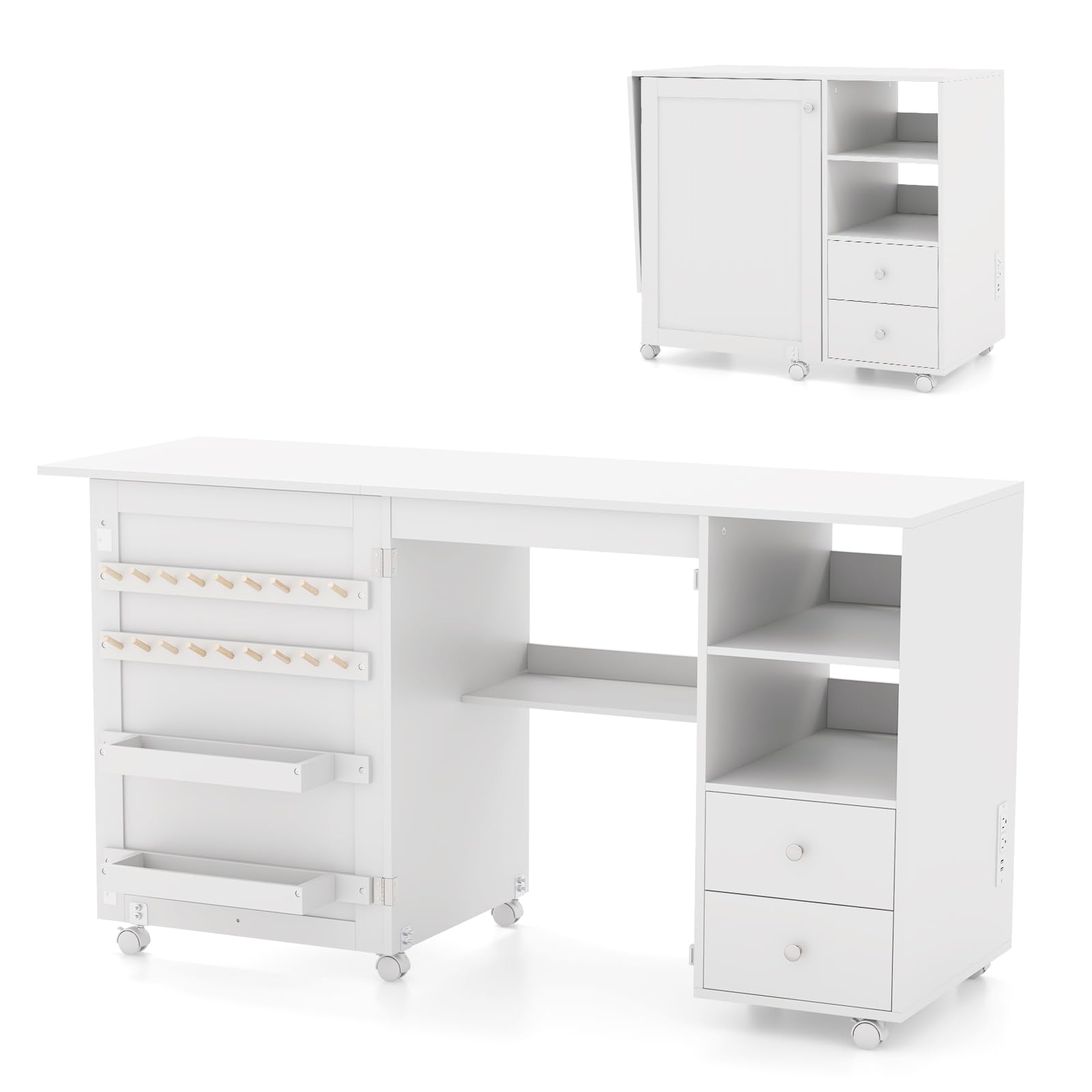 Giantex Folding Sewing Table with Charging Station, Rolling Craft Table with Storage Shelves and Drawers