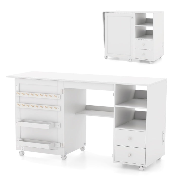 Giantex Folding Sewing Table with Charging Station, Rolling Craft Table with Storage Shelves and Drawers