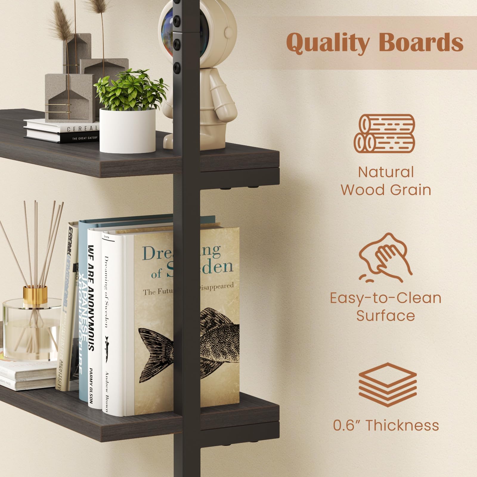 Giantex 6-Tier Ladder Shelf, 72" Wall Mounted Bookshelf with Metal Frame, Industrial Open Storage Shelves