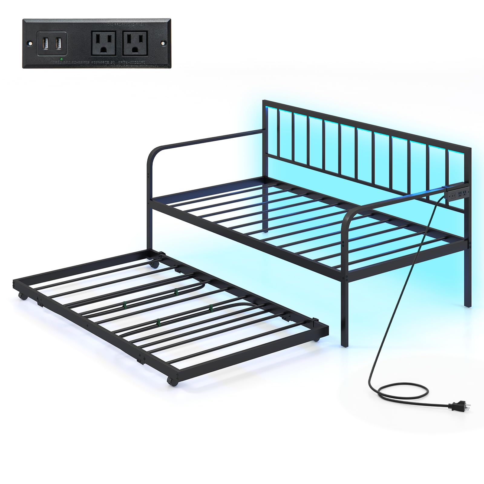 Giantex Twin Daybed with Trundle, Metal Day Bed with Charging Station & LED Lights