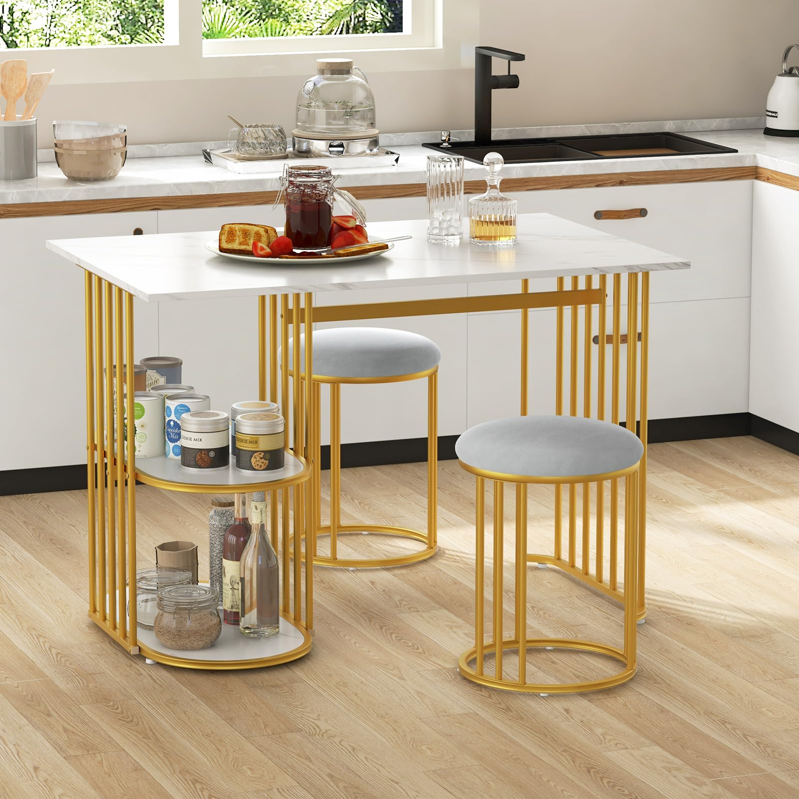 Giantex 3-Piece Dining Table Set for 2, Rectangular Kitchen Table with 2 Stools, 2-Tier Storage Shelf