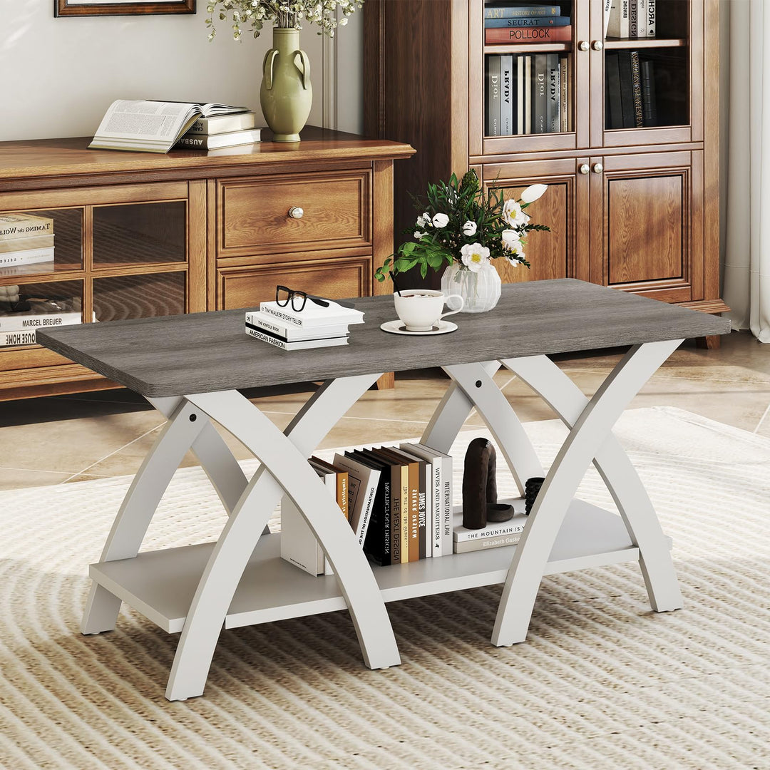 Giantex Farmhouse Coffee Table 2-Tier Wood Center Table with Storage Shelf & X-Shaped Support Legs