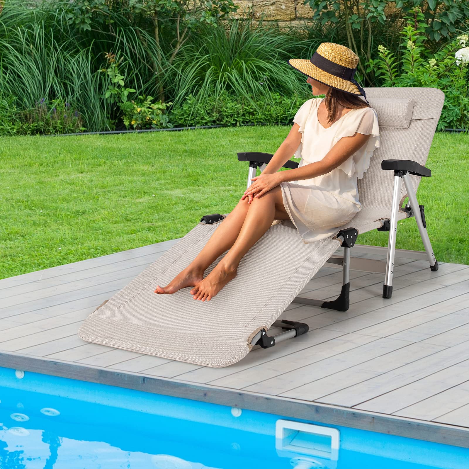 Patio Chaise Lounge Chair 7 Adjustable Position Folding Camping Cot