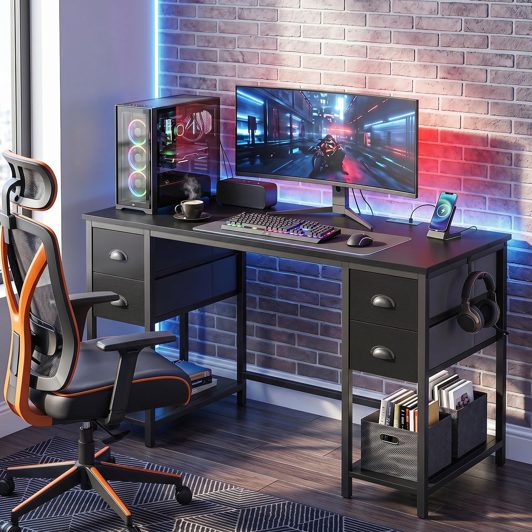 Giantex 48" Computer Desk with Power Outlet &amp; 4 Fabric Drawers