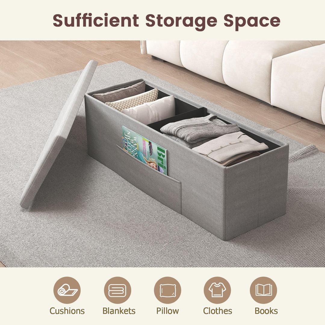 Giantex 43 Inches Folding Storage Ottoman Bench Upholstered Storage Chest with Side Pocket