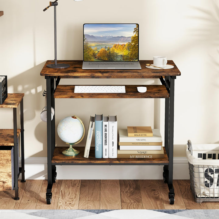 Giantex Mobile Computer Desk, Rolling Writing Desk with Keyboard Tray, Shelf & 3 Hanging Hooks, Rustic Brown & Black