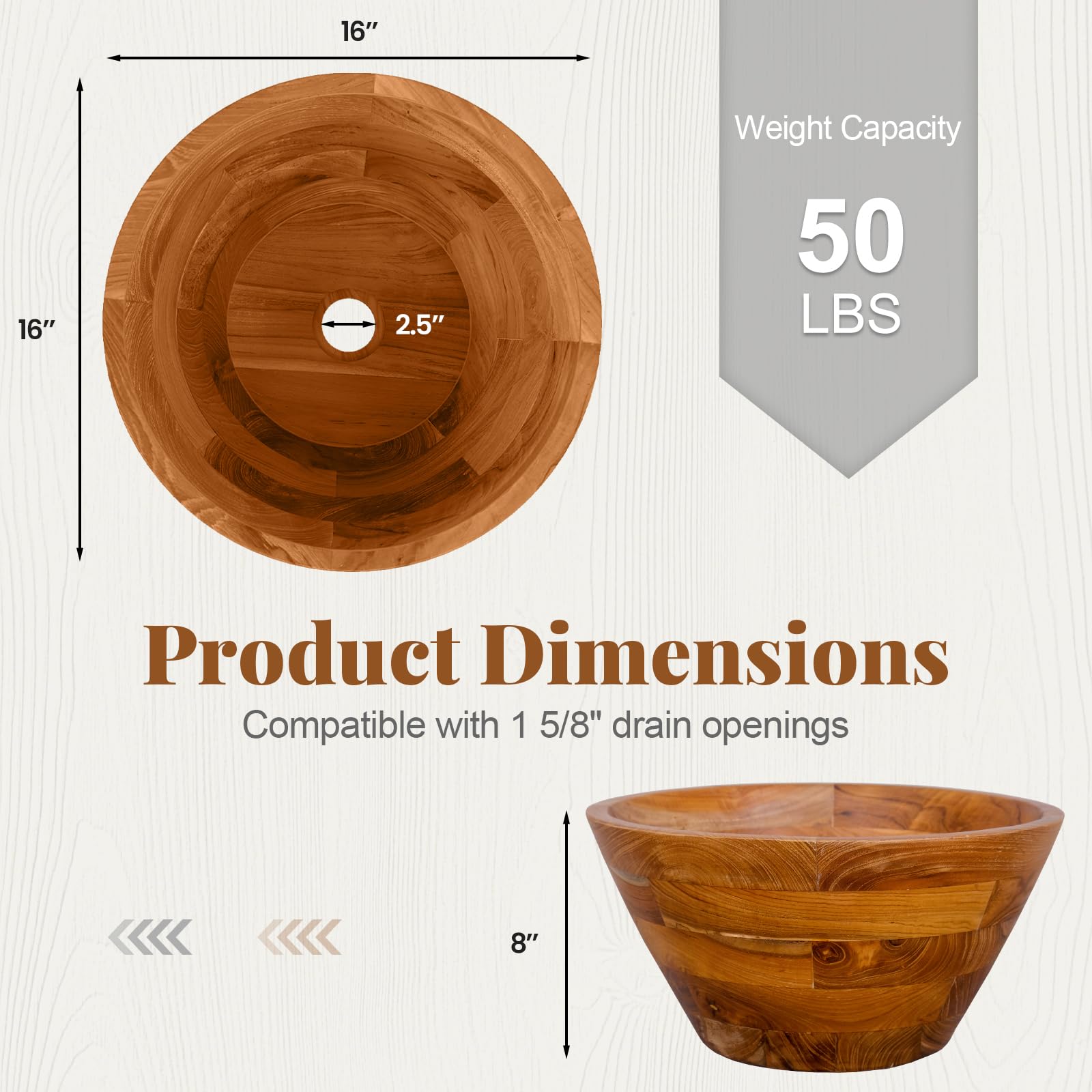 Giantex Teak Wood Vessel Sink - Bathroom Washbasin with Smooth Finish, Round Corner (16” x 16” x 8”)