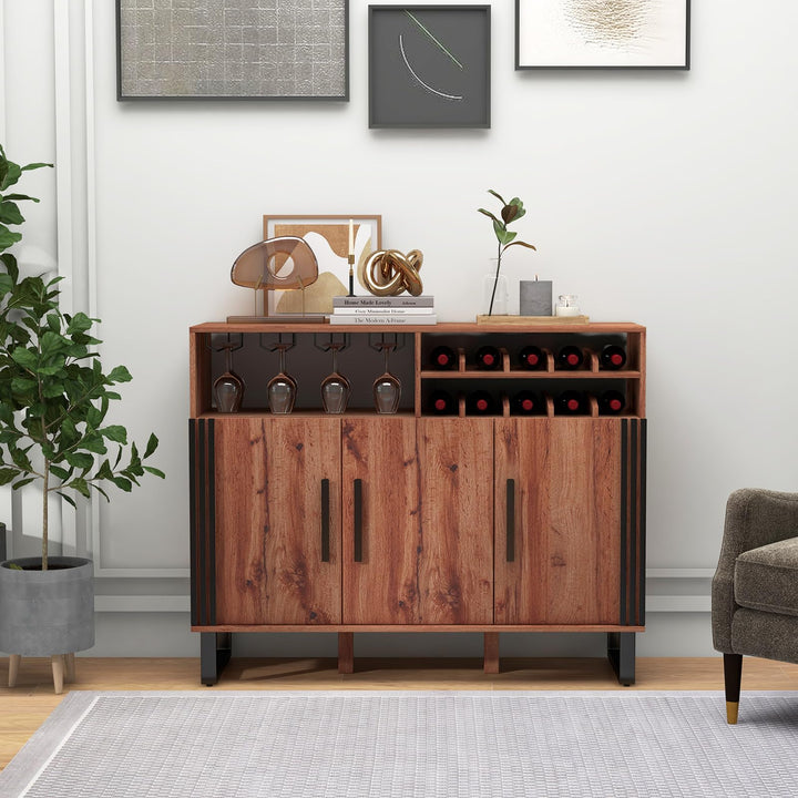 Giantex Wine Bar Cabinet, Buffet Sideboard with 3 Doors & Adjustable Shelves, Liquor Cabinet