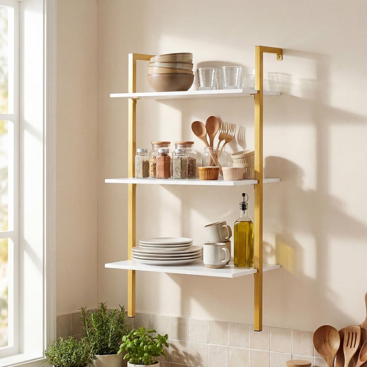 Giantex Ladder Shelf | 3-Tier Wood Wall Mounted Bookshelf with Metal Frame (1/2)