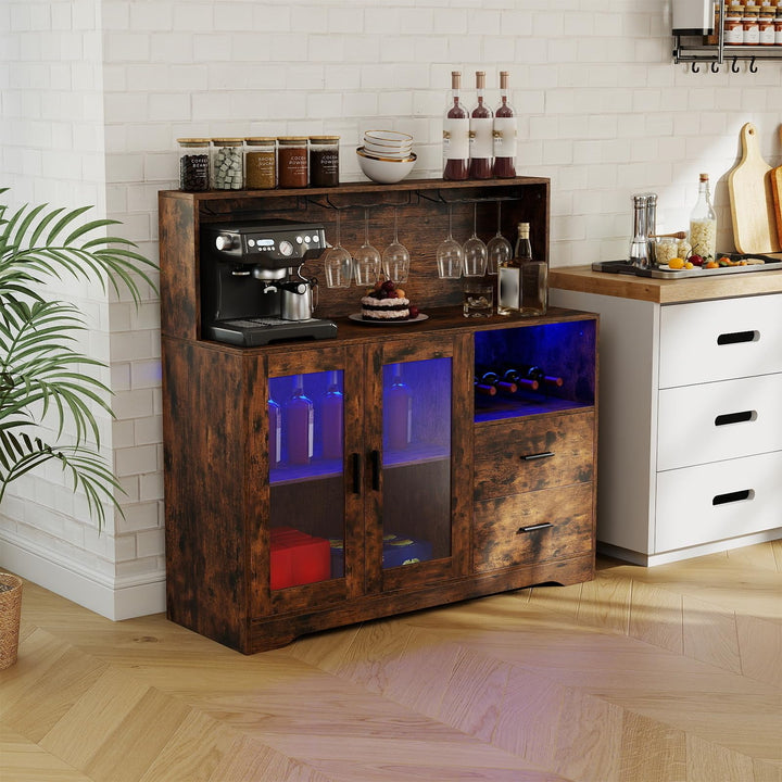 GIANTEX Wine Bar Cabinet with LED Lights &amp; Charging Station