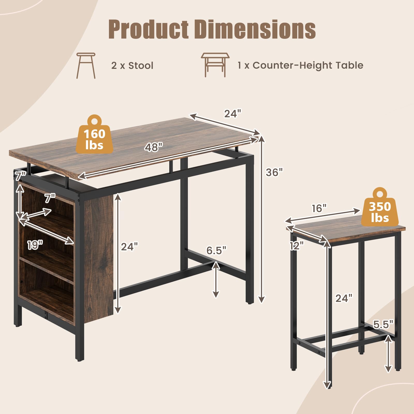 Giantex 3-Piece Dining Table Set - Counter Height Dining Table Set with 2 Bar Stools