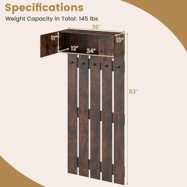 Giantex Wall Mounted Coat Rack 2-in 1 Hall Tree w/ 5 Double Hooks & 2-Door Cabinet