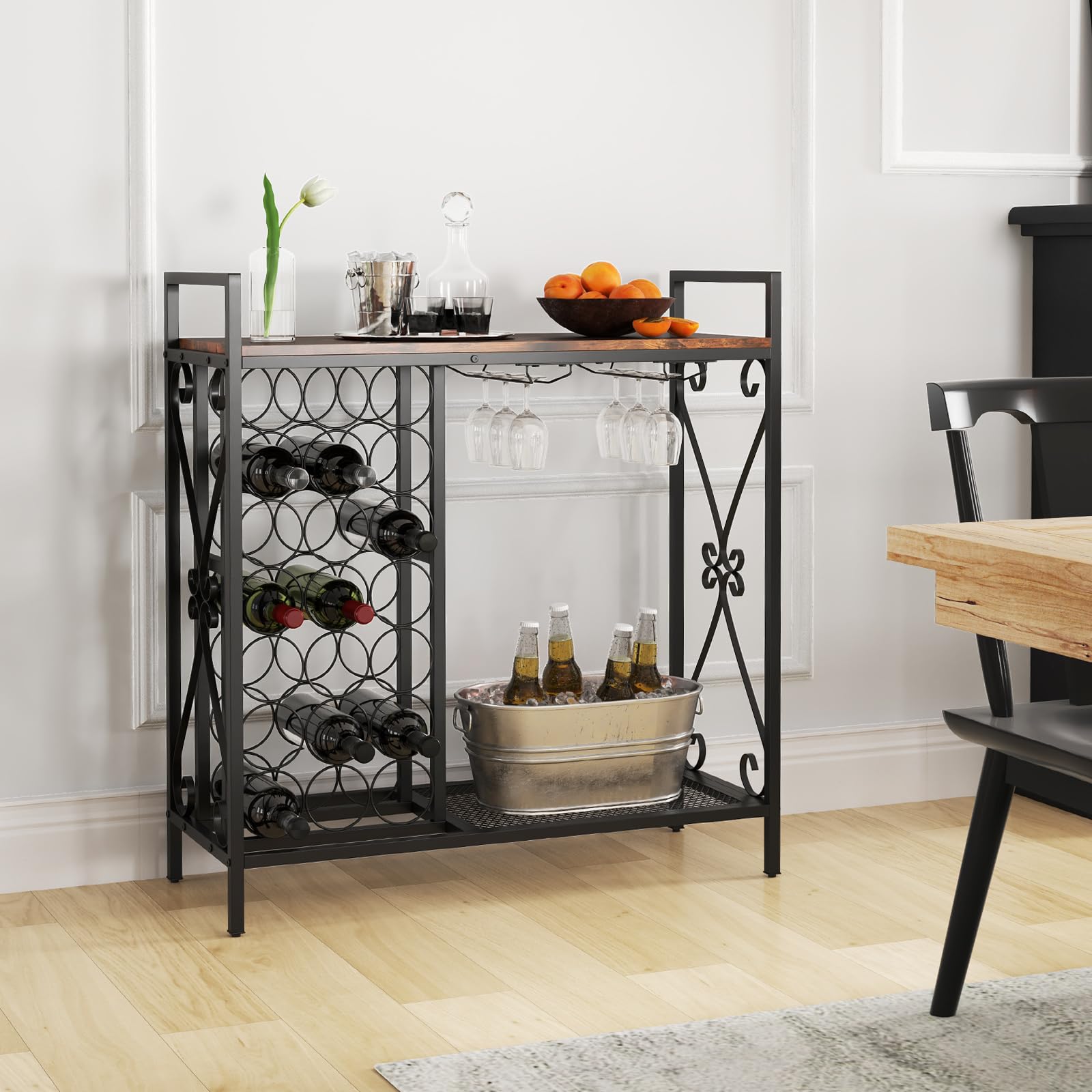 Giantex 21-Bottle Wine Rack Freestanding Floor, Wine Bar Table with 6-Glass Wine Glass Holder