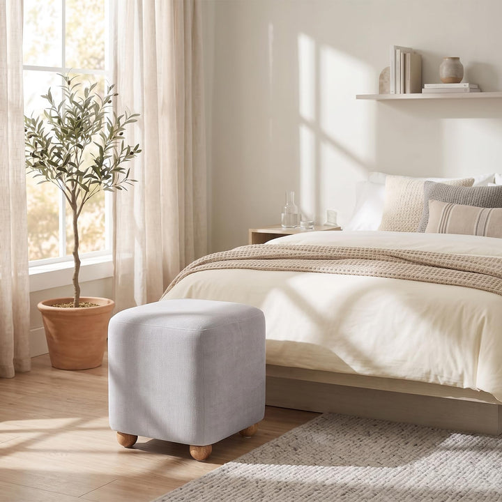 GIANTEX Linen Fabric Square Storage Ottoman with Solid Wood Legs