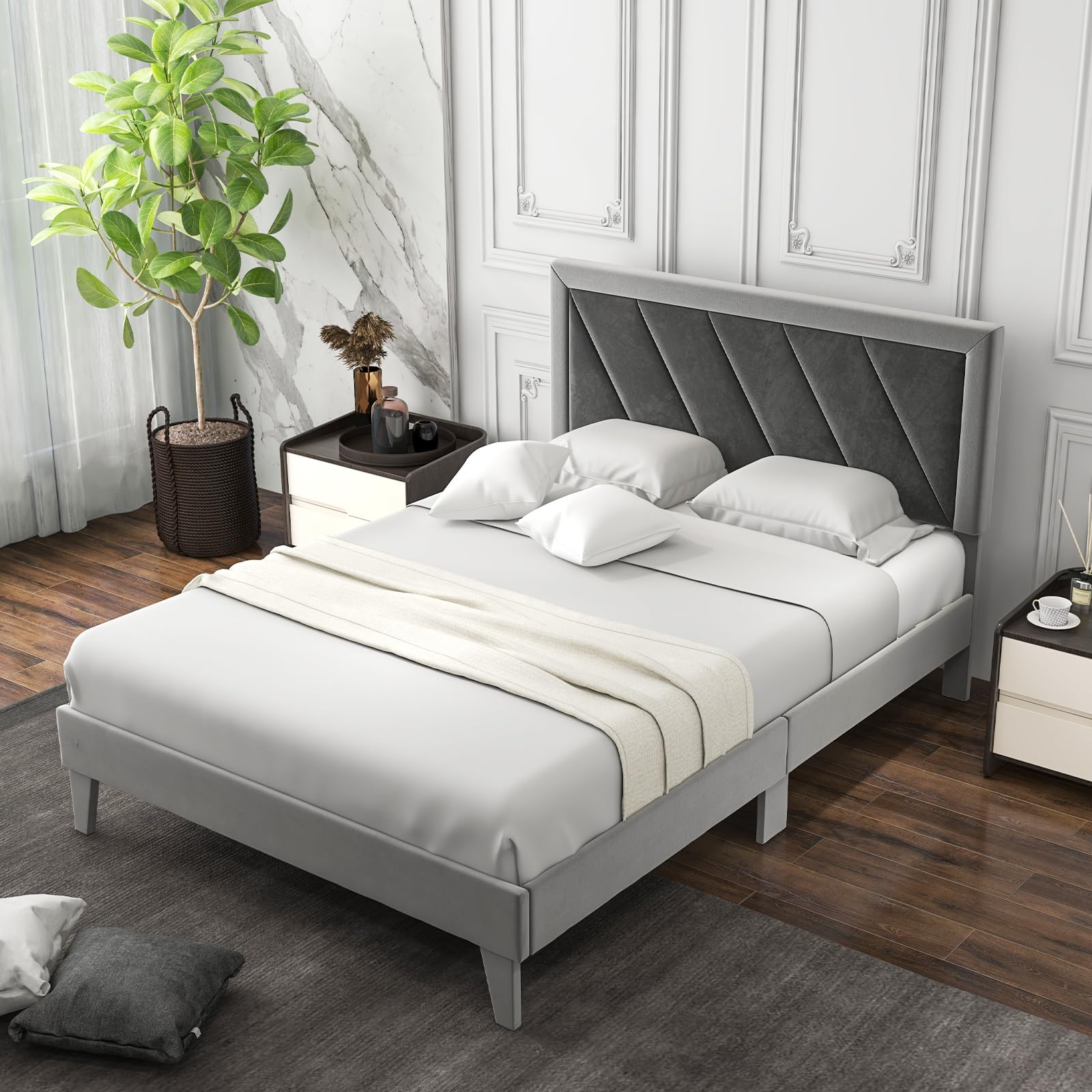 Giantex Full Size Velvet Bed Frame with Headboard, Modern Upholstered Platform Bed, No Box Spring Needed, Black & Gray