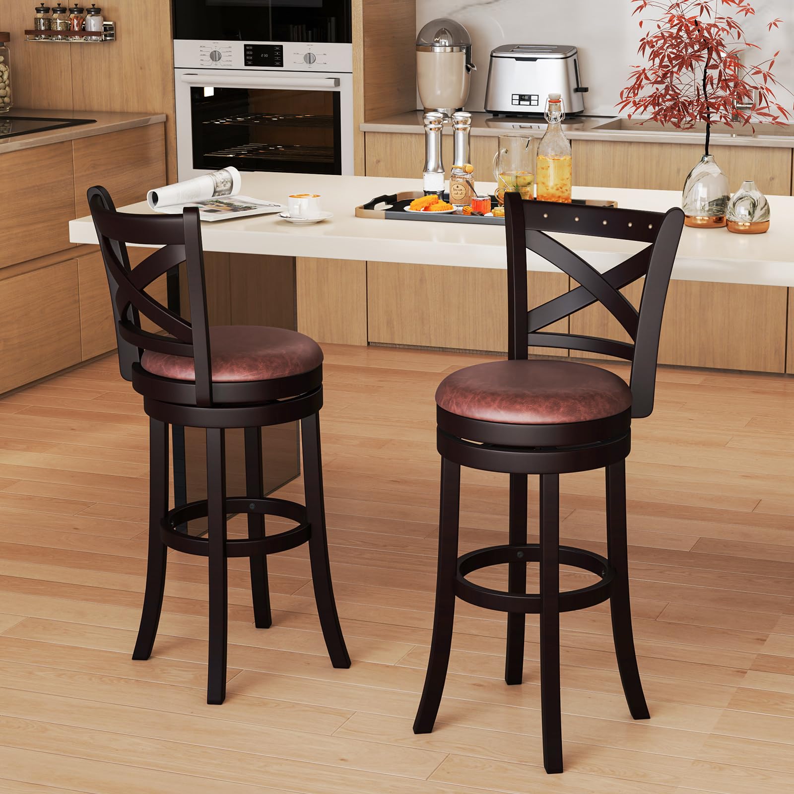 Giantex 30" Swivel Bar Stools with Footrest & Rubber Wood Frame