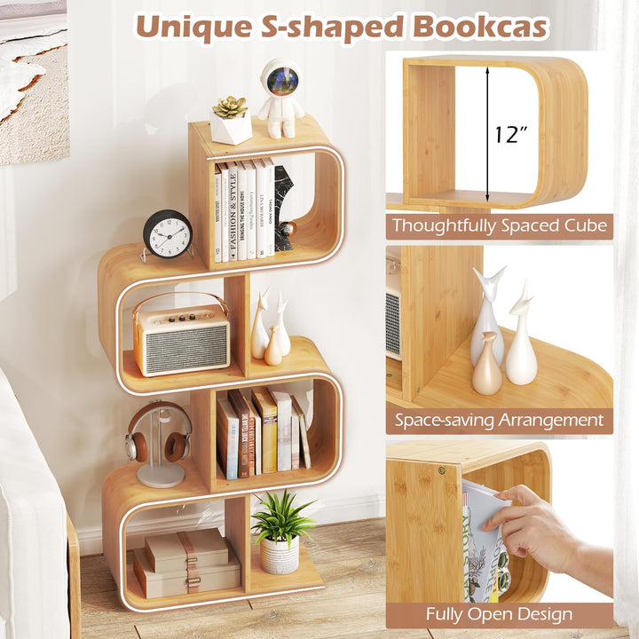 Giantex 4-Tier S-Shaped Bamboo Bookshelf with 4 Open Cubes