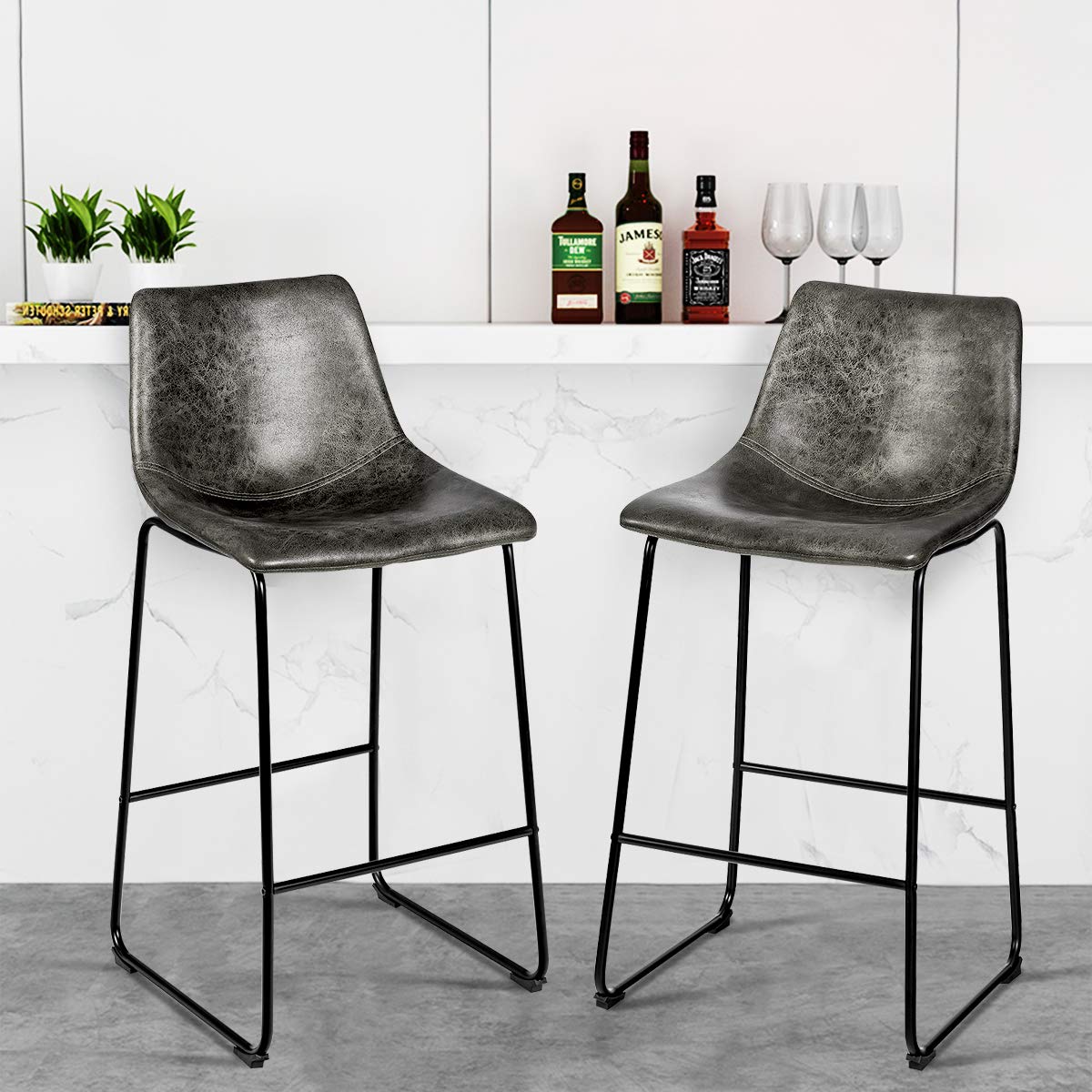 Vintage Faux Suede Bar Stools, with Metal Legs, Back and Footrest