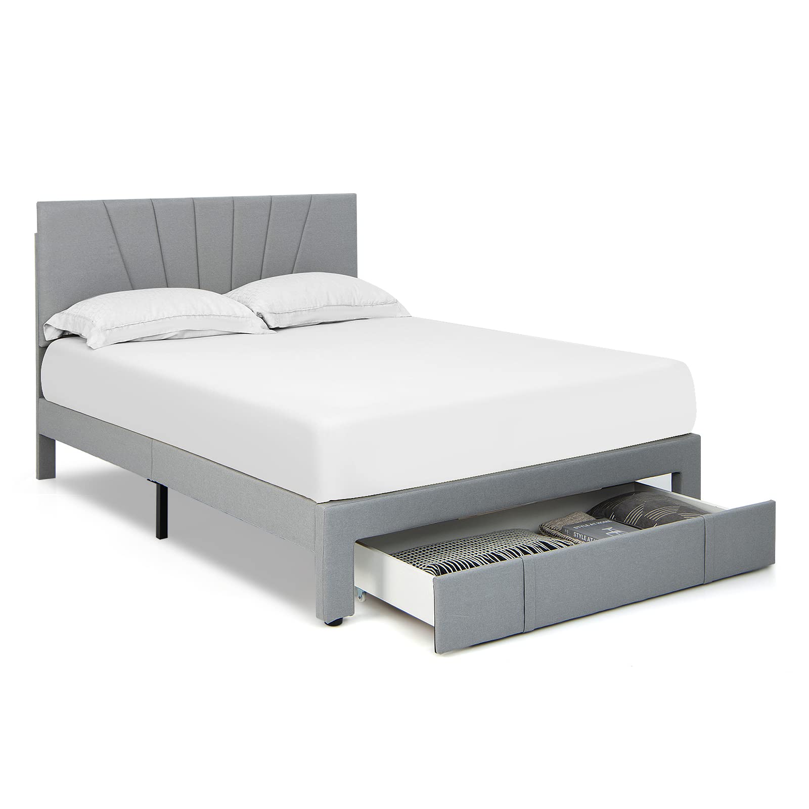 Giantex Upholstered Queen Bed Frame with Drawer, Modern Platform Bed with Storage & Adjustable Headboard