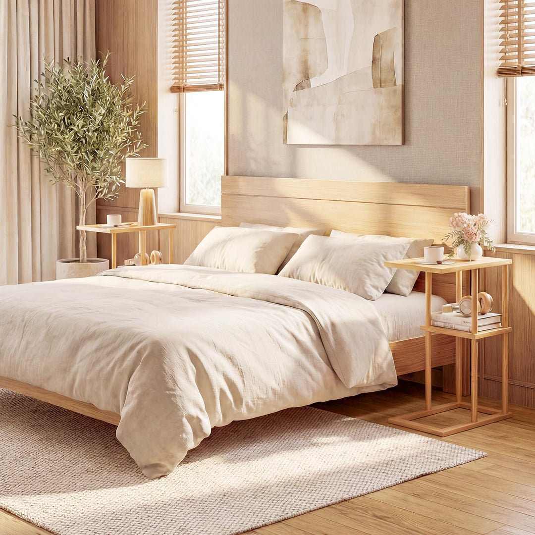 Giantex Side Table Set of 2 with Storage Shelves and Bamboo Construction