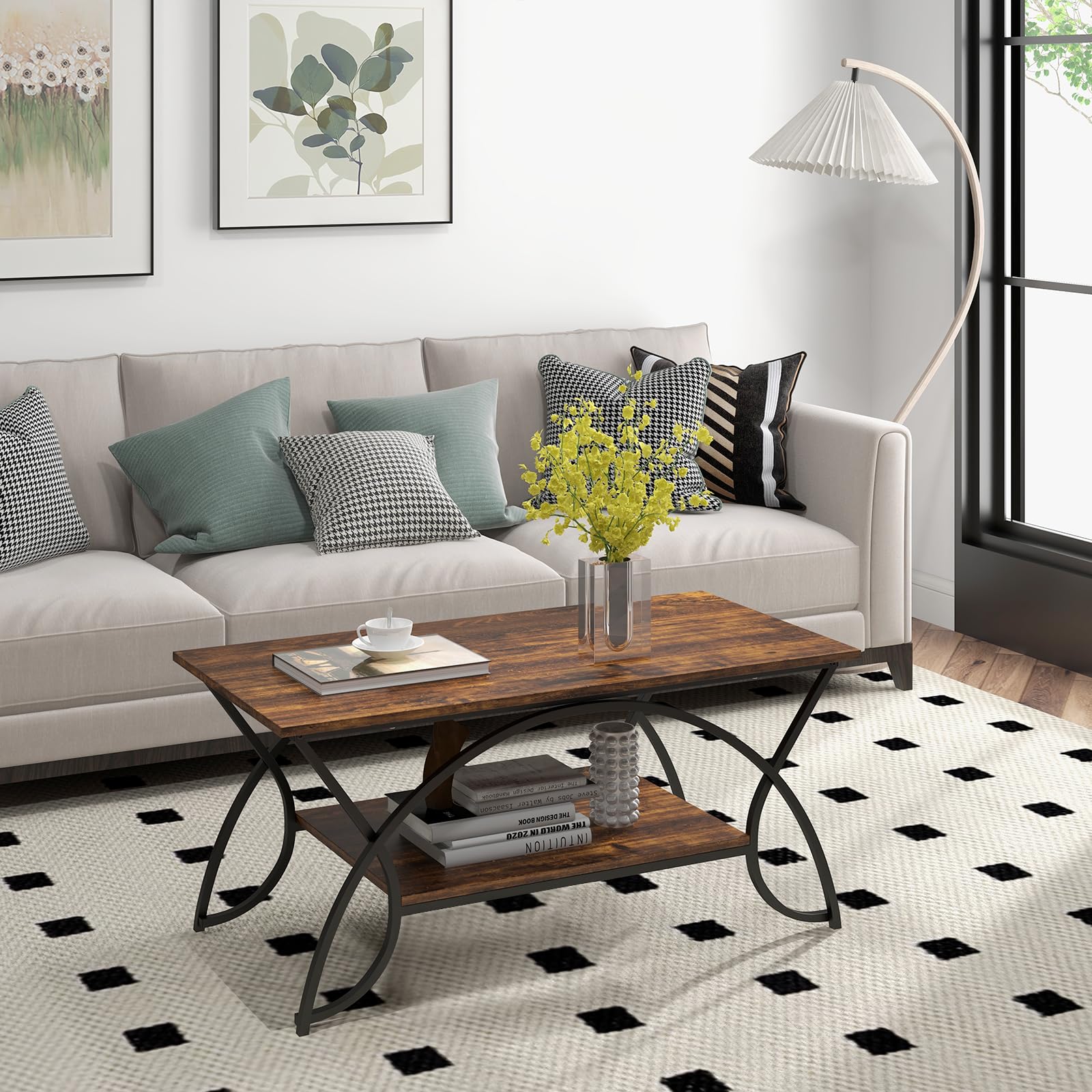 Giantex 2-Tier Rectangular Coffee Table, Modern Chic Cocktail Table with Open Storage Shelf, White/Gold