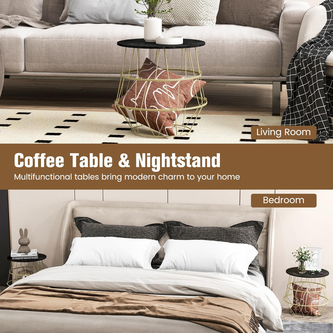 Giantex Round Coffee Table, Faux Marble Side End Table with Gold Metal Frame & Removeable Top