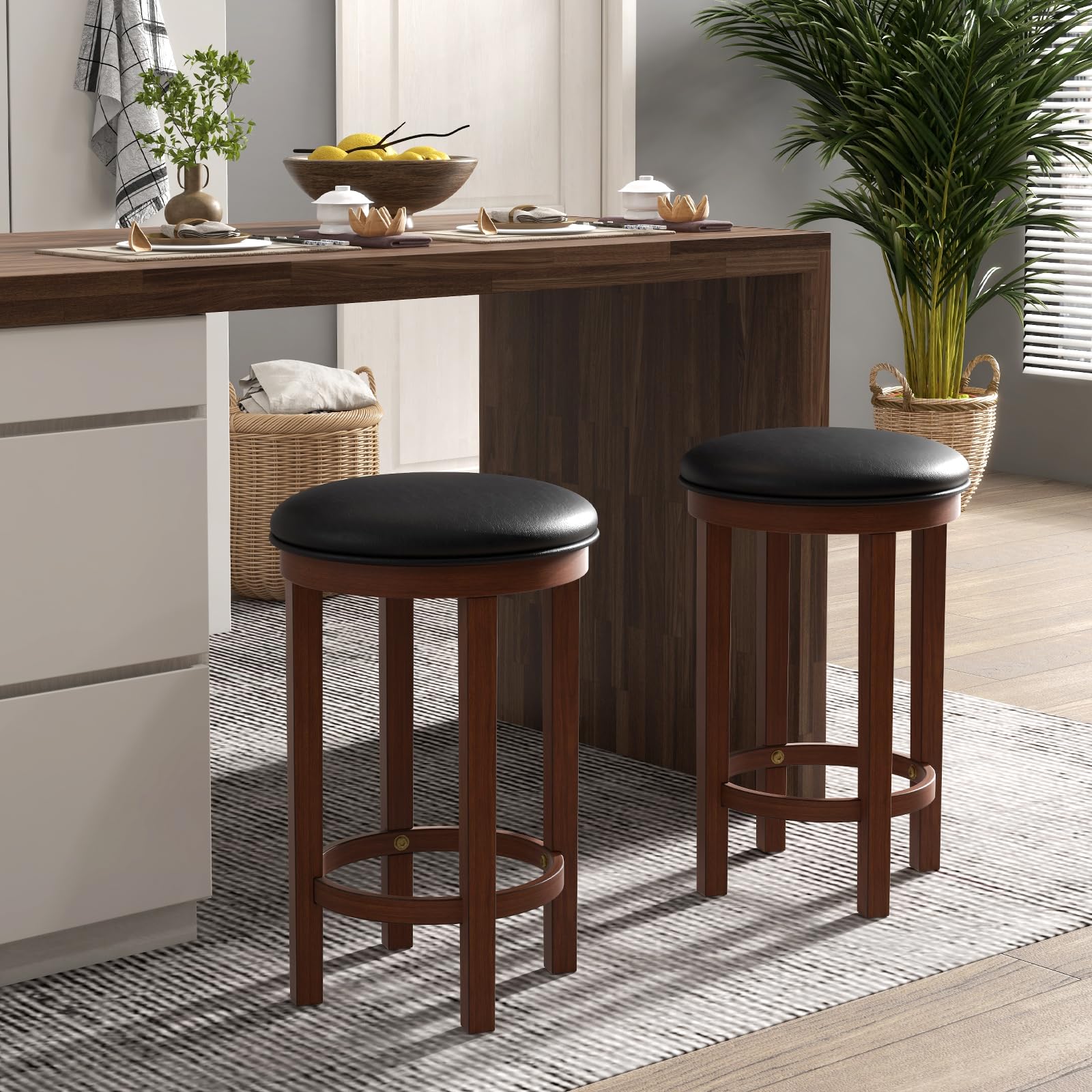 Giantex Bar Stools Set, 25-Inch Counter Height Stools with Round Seat, Footrest, Wooden Frame