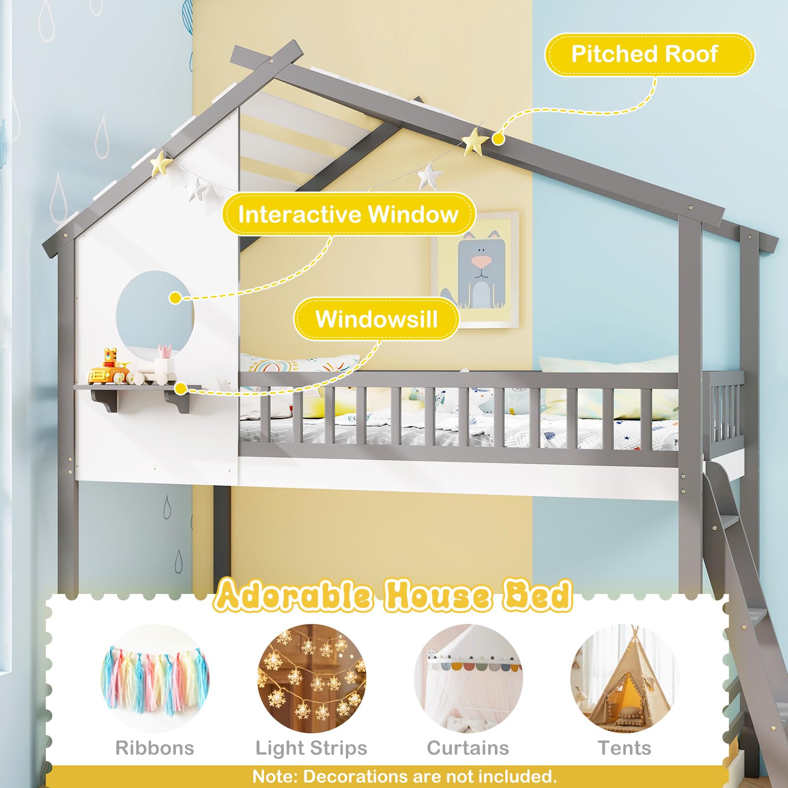 Giantex Solid Wood Floor Bunk Bed with Ladder and Full-Length Guardrails