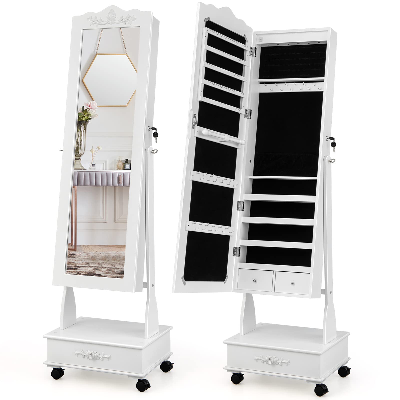 CHARMAID 6 LEDs Rolling Jewelry Cabinet with High Full Length Mirror, Lockable Standing Jewelry Armoire with Wheels