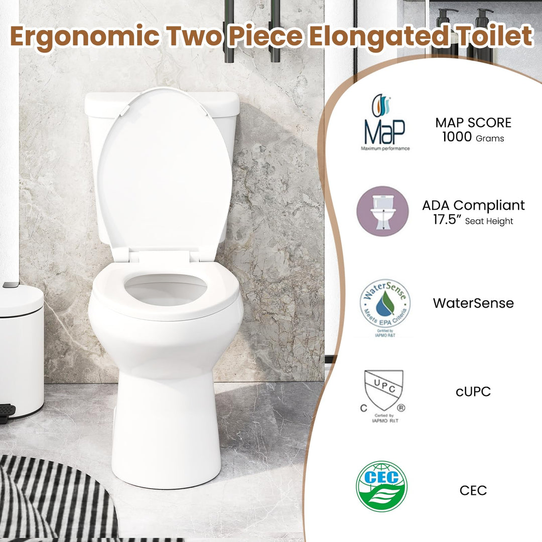 Giantex Two-Piece Elongated Toilet with 17.5" ADA Comfort Height Seat Powerful Dual Flush