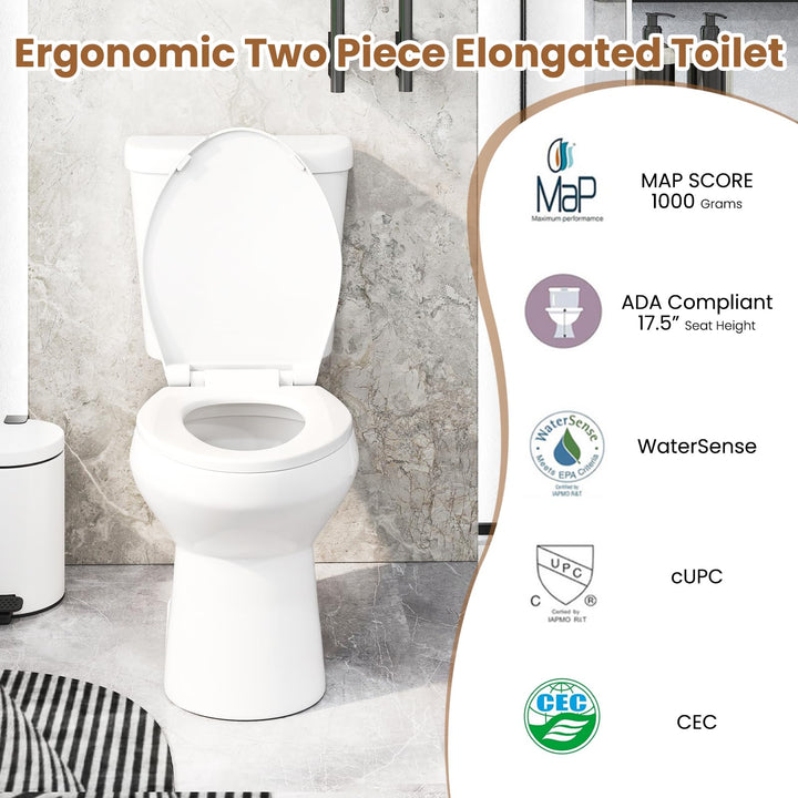 Giantex Two-Piece Elongated Toilet with 17.5" ADA Comfort Height Seat Powerful Dual Flush