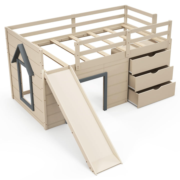 Giantex Low Loft Bed Twin Size | Solid Wood Kids Bed with Slide &amp; 3 Storage Drawers