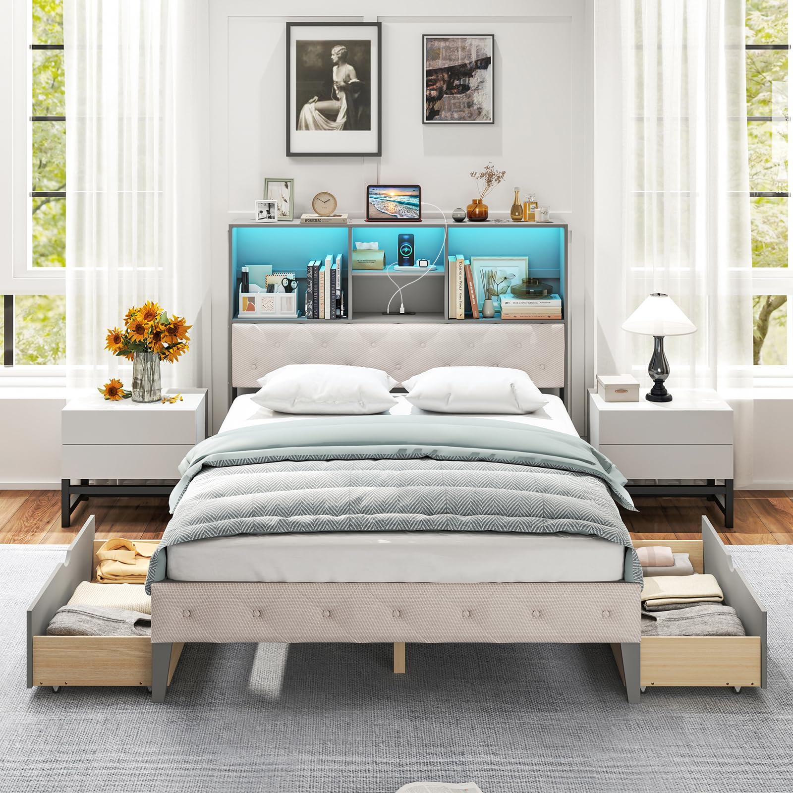 Giantex Gray Full Size Bed Frame with Upholstered Bookcase Headboard