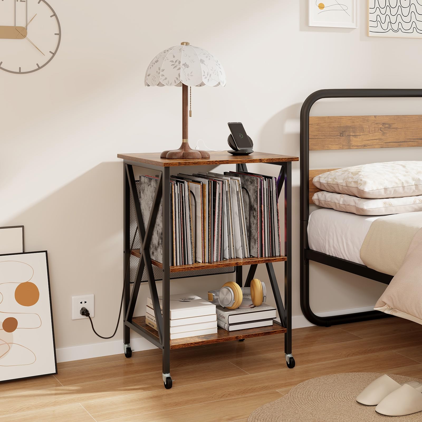 Giantex Record Player Stand with Charging Station, Turntable Stand with Record Storage & 4 Rolling Wheels