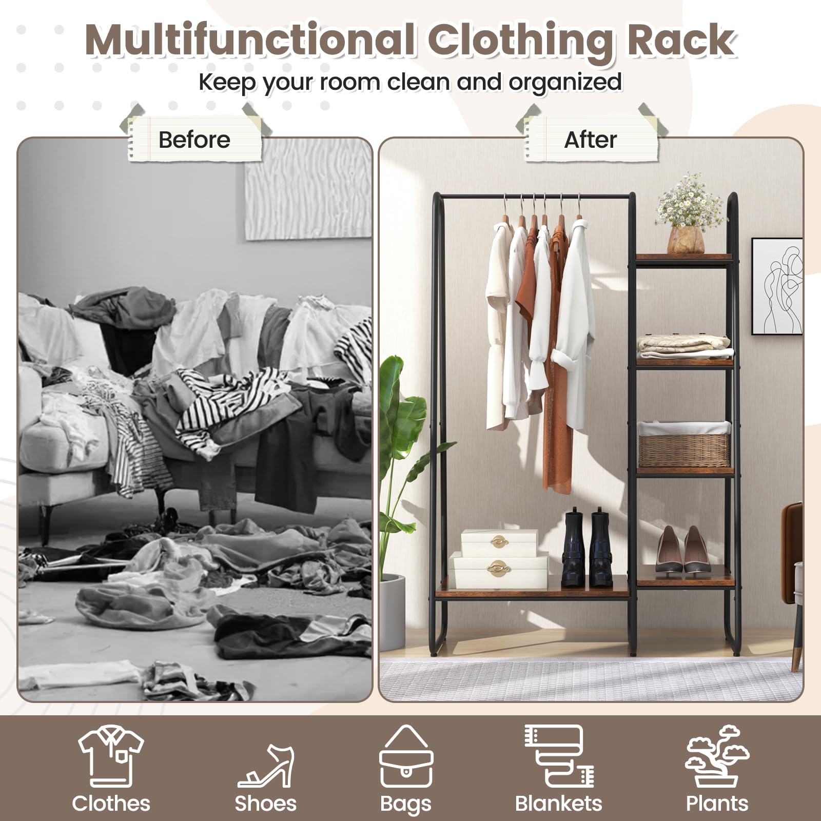 Giantex Clothes Rack with Shelves, Industrial Garment Rack with 5-Tier Shelves