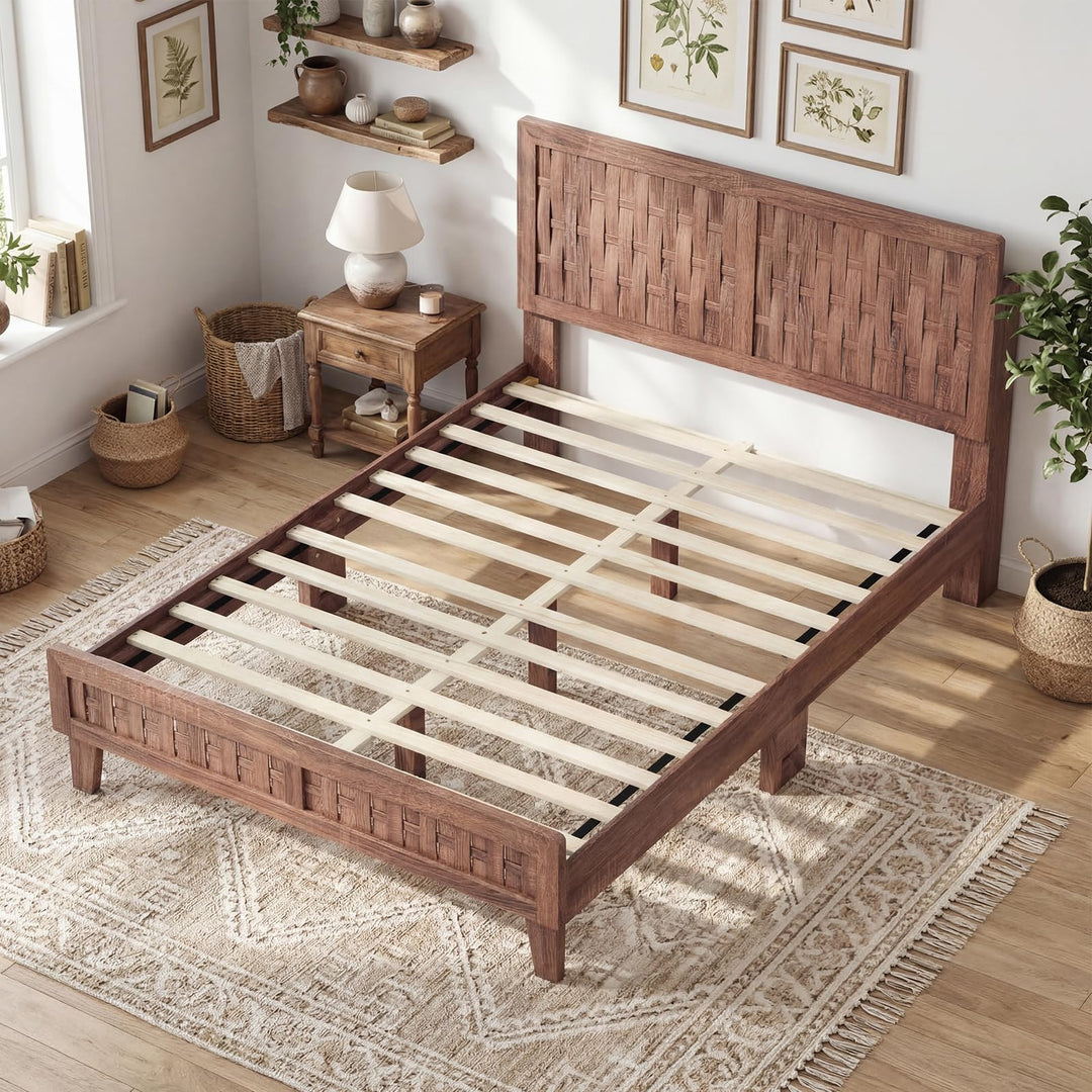Giantex Wood Bed Frame with Woven Headboard (Full/Twin/Queen)