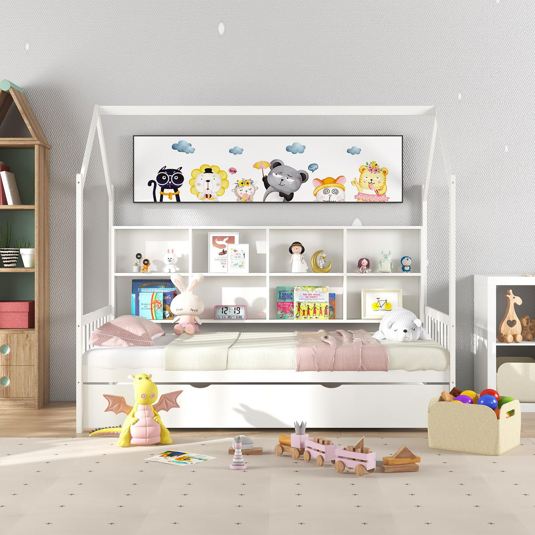 Giantex Twin House Bed with Trundle, Solid Wood Bed Frame with Roof & 8 Cube Bookcase