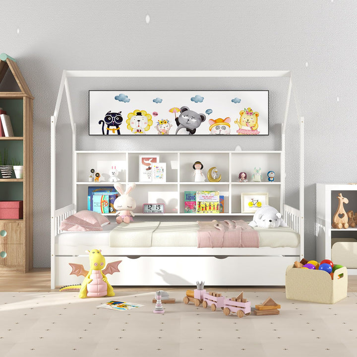 Giantex Twin House Bed with Trundle, Solid Wood Bed Frame with Roof & 8 Cube Bookcase