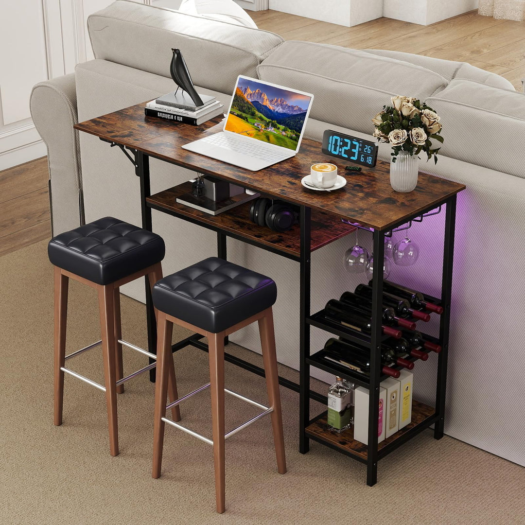 55" Drop-Leaf Counter Height Bar Table with LED Light and Remote Control for Small Space