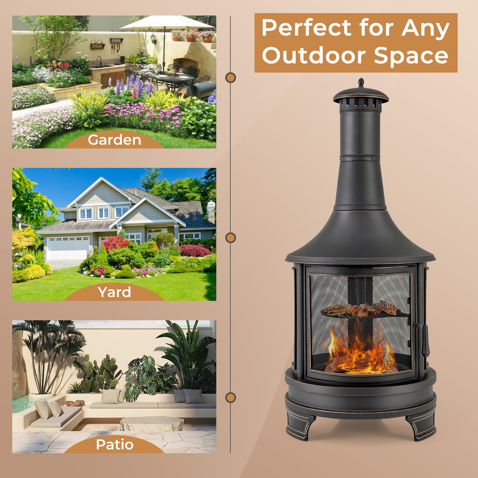 Giantex Outdoor Wood Burning Chiminea Fire Pit, 30 Inch Metal Fireplace w/Grill