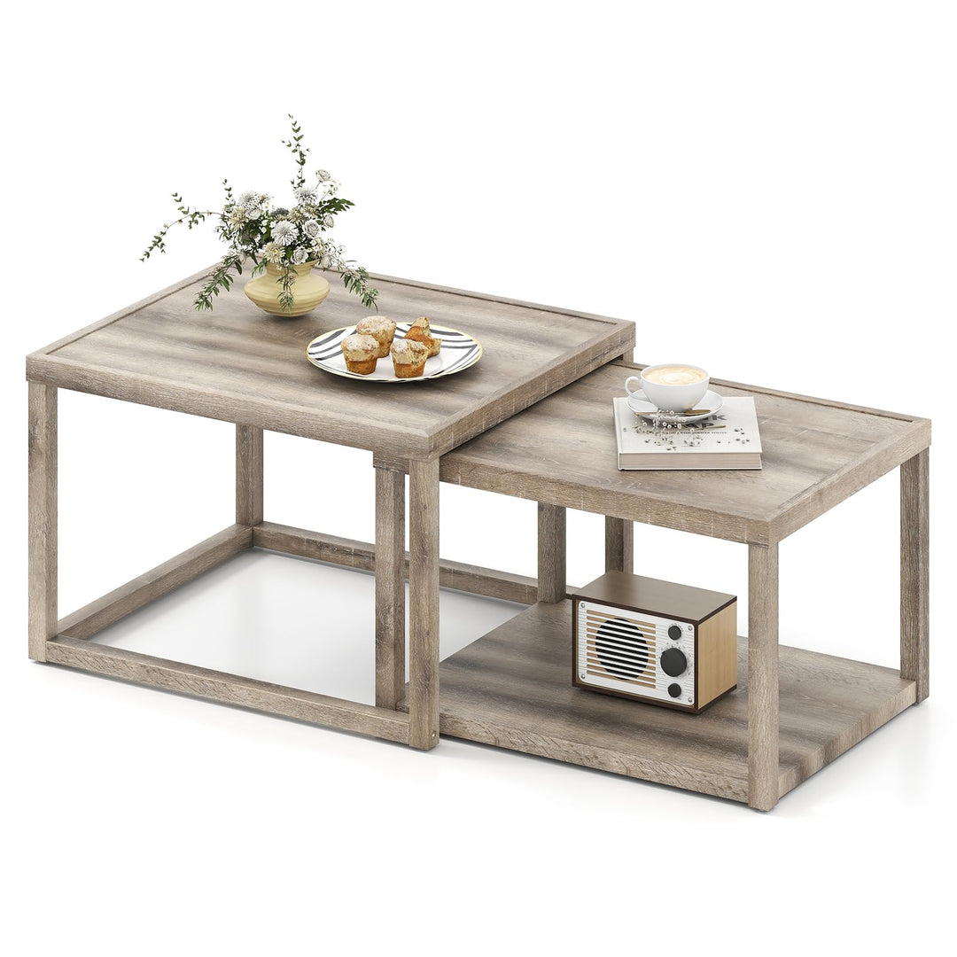 Giantex Nesting Coffee Tables Set of 2 with Storage Shelf Rubber Wood