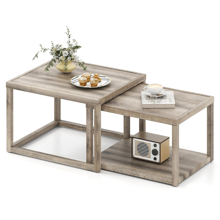 Giantex Nesting Coffee Tables Set of 2 with Storage Shelf Rubber Wood