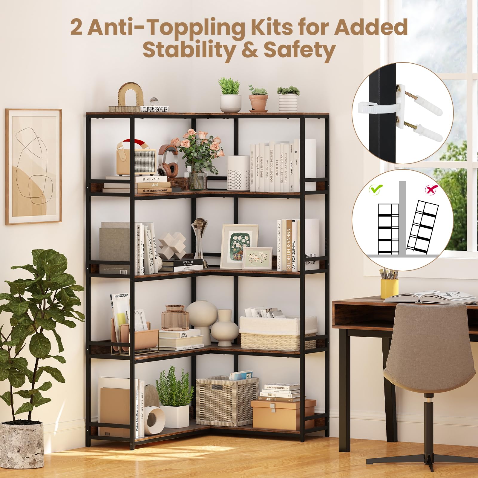 Giantex 5 Tier Corner Bookshelf with Metal Frame for Living Room
