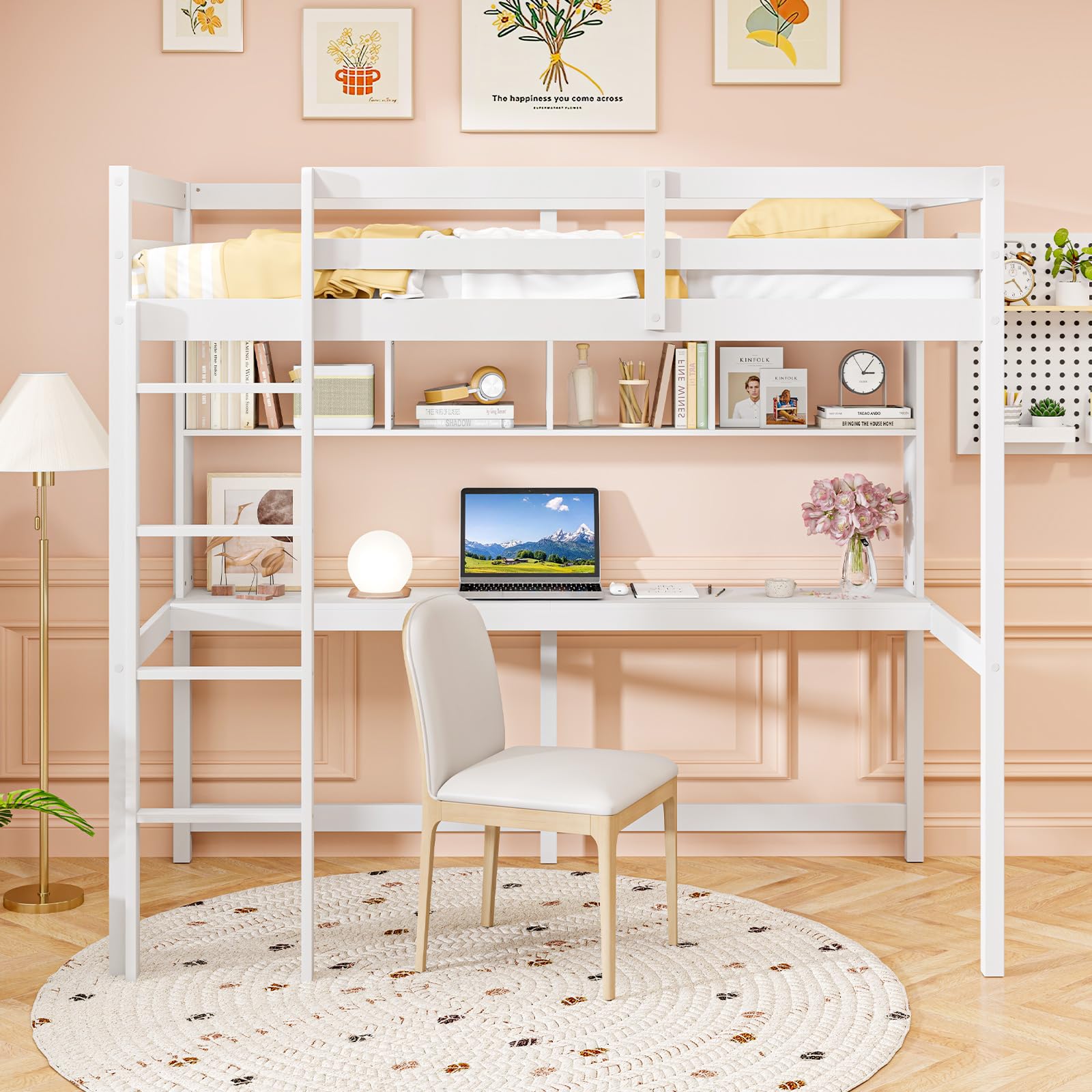 Giantex Solid Wood Twin Loft Bed with Desk and Bookcase