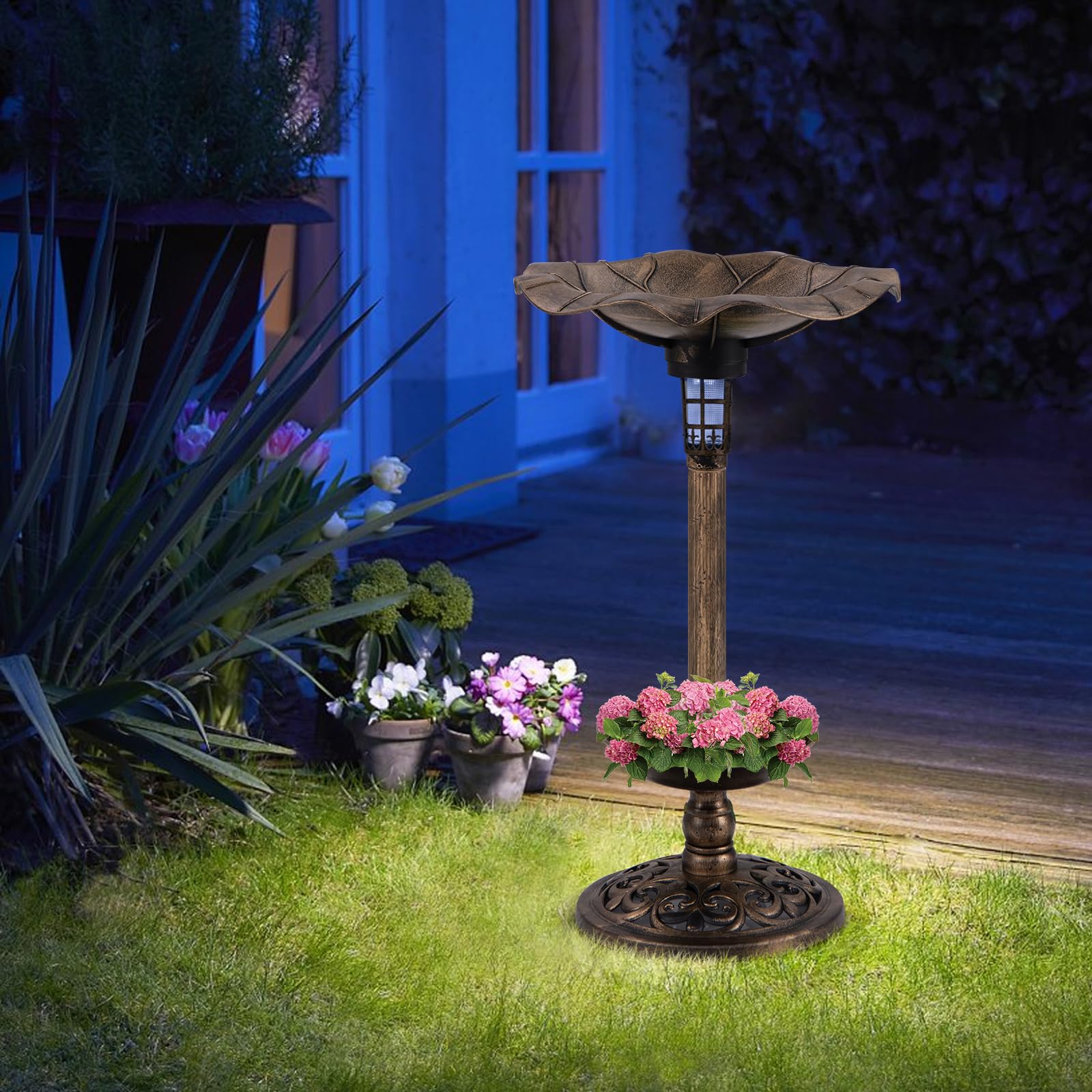 Giantex Bird Bath for Outside, 30 inch Solar Lighted Bird Bath and Feeder with Flower Planter